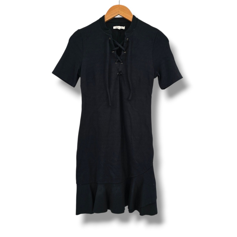 Avec Les Filles Black Lace Up Ruffle Hem Mini Dress XS Short Sleeve Fit & Flare‎